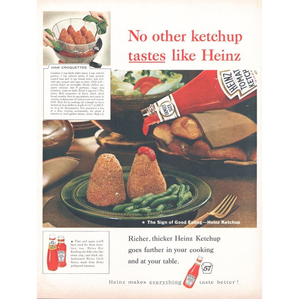 1961 Heinz Tomato Ketchup Vintage Print Ad Ham Croquettes Dinner Table Cooking